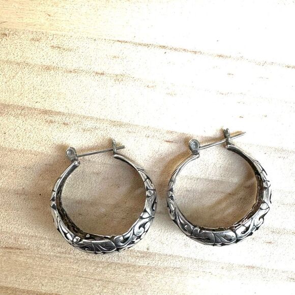 Vintage Sterling Silver Ornate Scroll Hoop Earrings - Picture 6 of 7